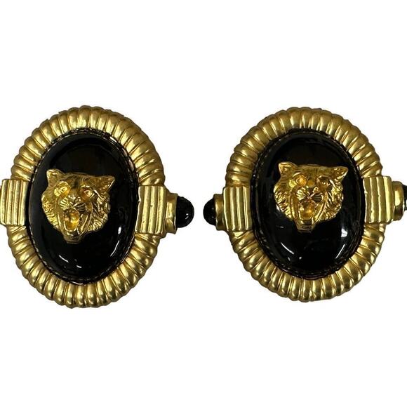 VTG Retro Lion Head Earrings Bold Black & Gold Clip on Mob Wife 1.75" - Picture 1 of 6